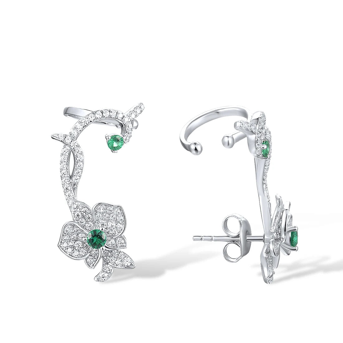 Floral vine-inspired earrings with sparkling white pavé and green gemstone accents

