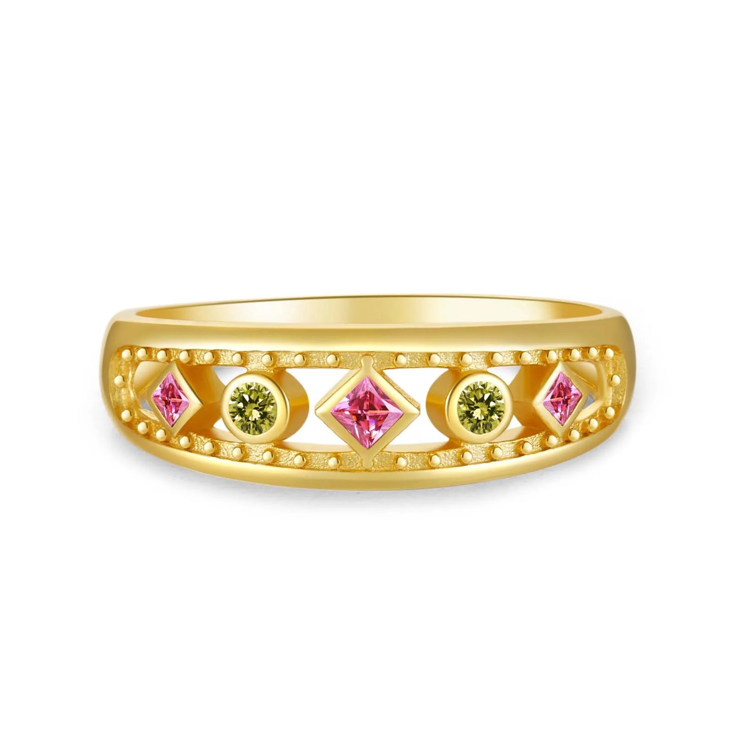 Gold ring with alternating pink square-cut and green round gemstones, framed by beaded detailing, displayed on a red background.

