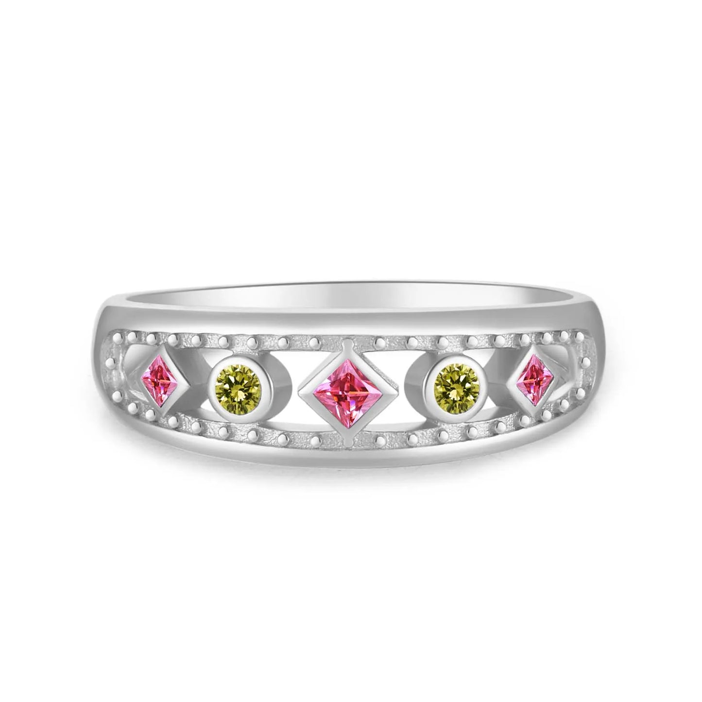 Gold ring with alternating pink square-cut and green round gemstones, framed by beaded detailing, displayed on a red background.

