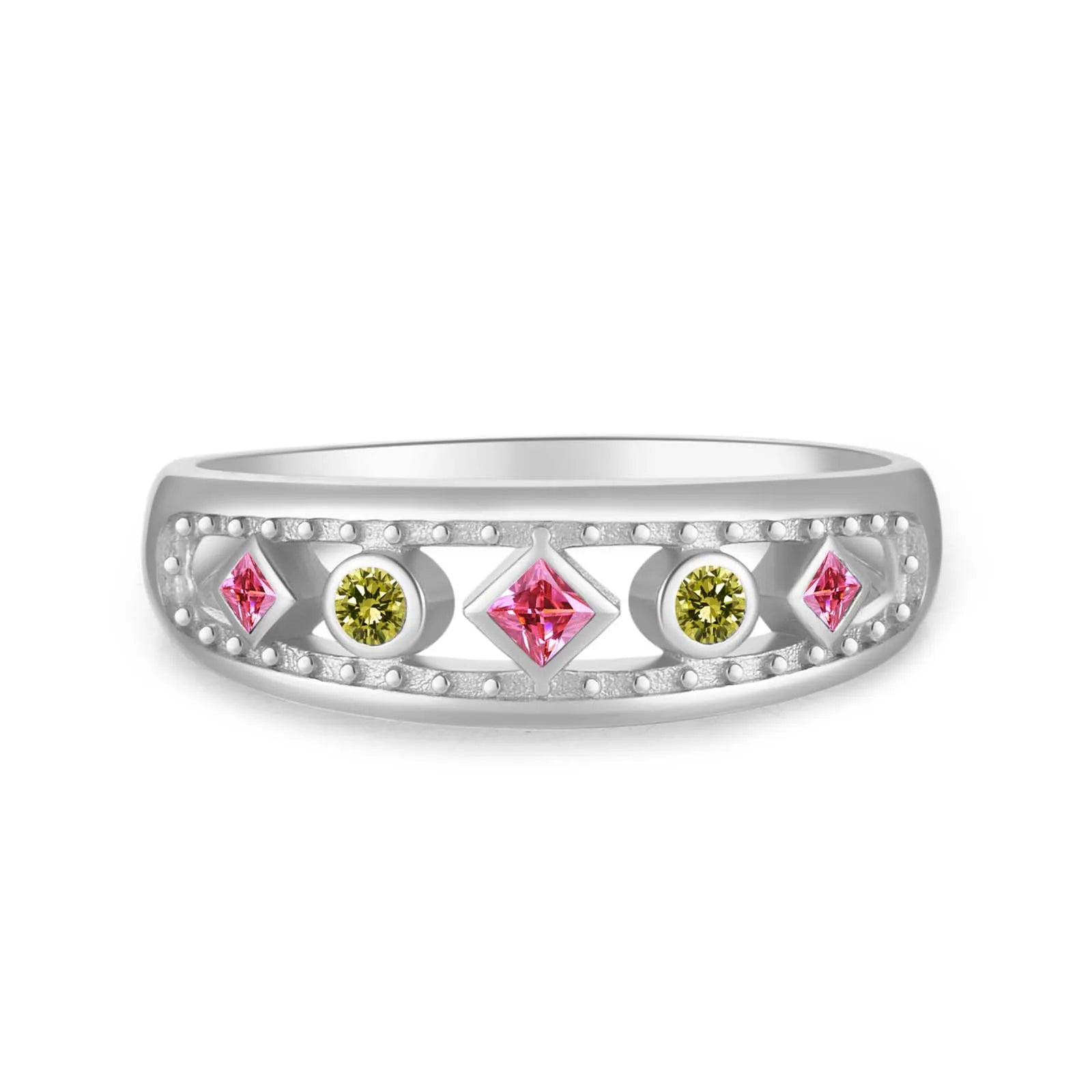 Gold ring with alternating pink square-cut and green round gemstones, framed by beaded detailing, displayed on a red background.

