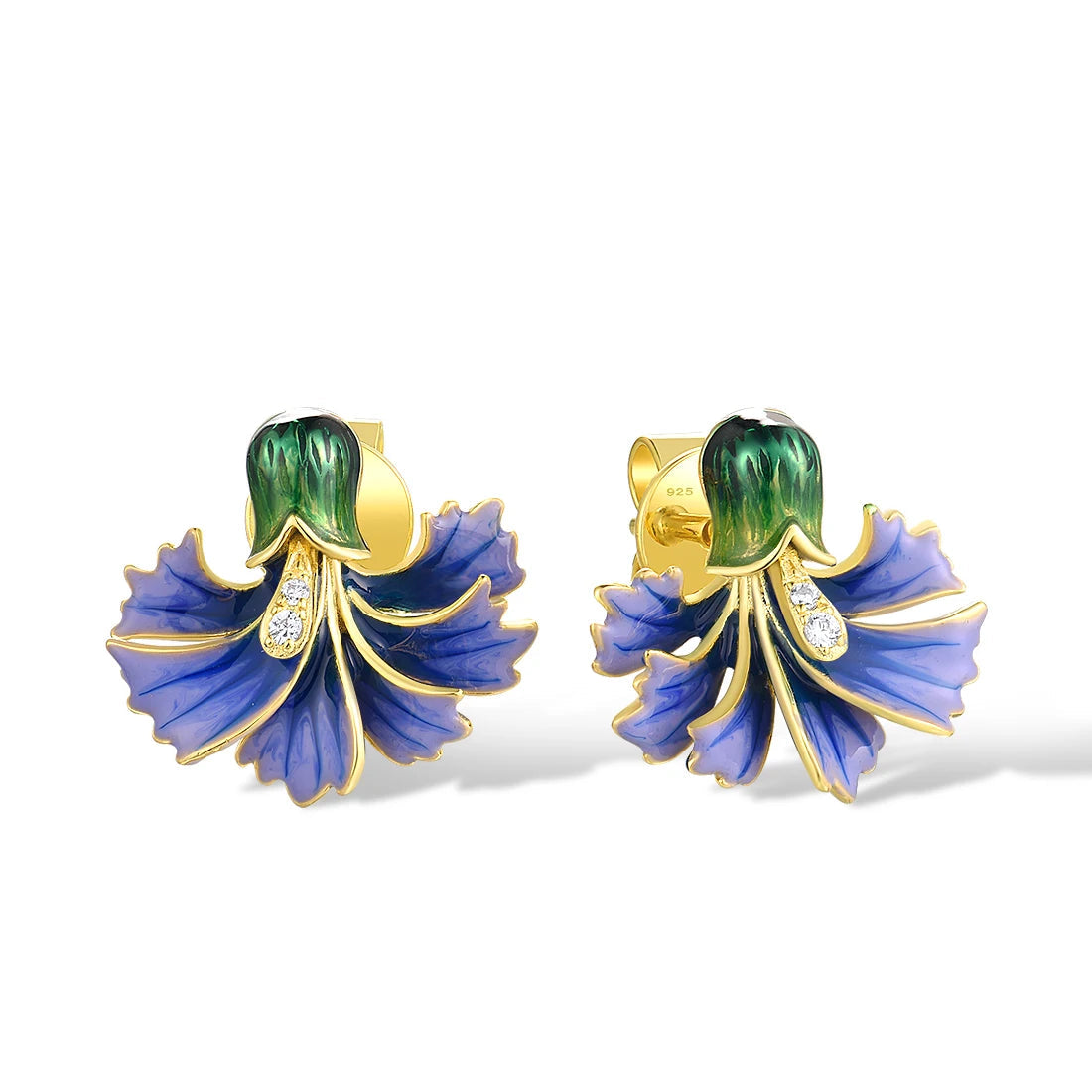 Gold-plated stud earrings with hand-painted purple and green enamel floral design and small crystal accents

