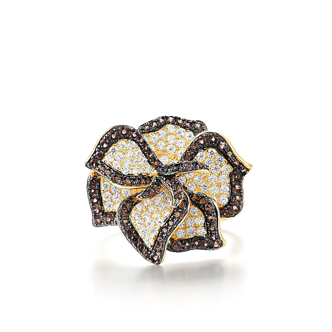 Gold ring with a large, sparkling flower design featuring white and brown stones on each petal.

