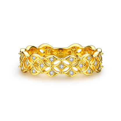 Gold-plated floral pattern ring featuring openwork petals set with small white stones throughout the band.

