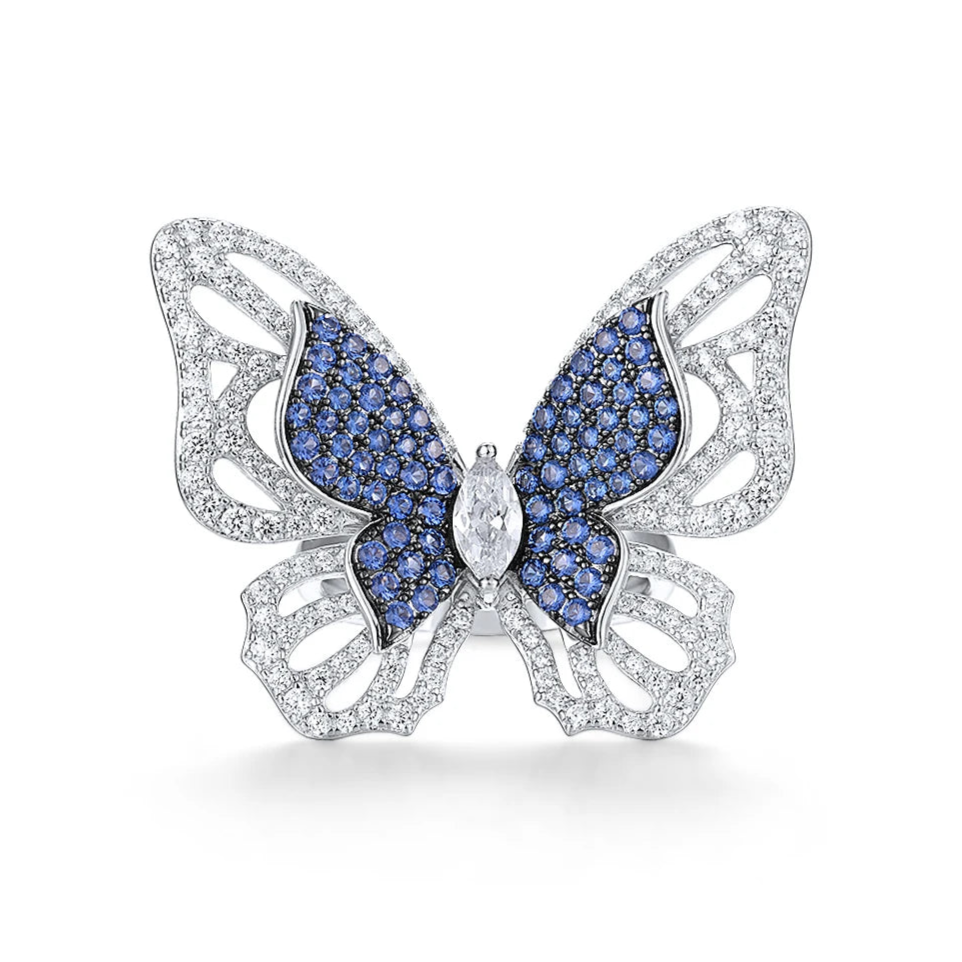 Sterling silver butterfly ring with blue and white pavé stones


