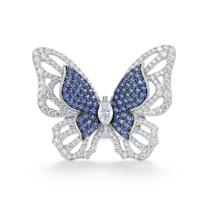 Sterling silver butterfly ring with blue and white pavé stones

