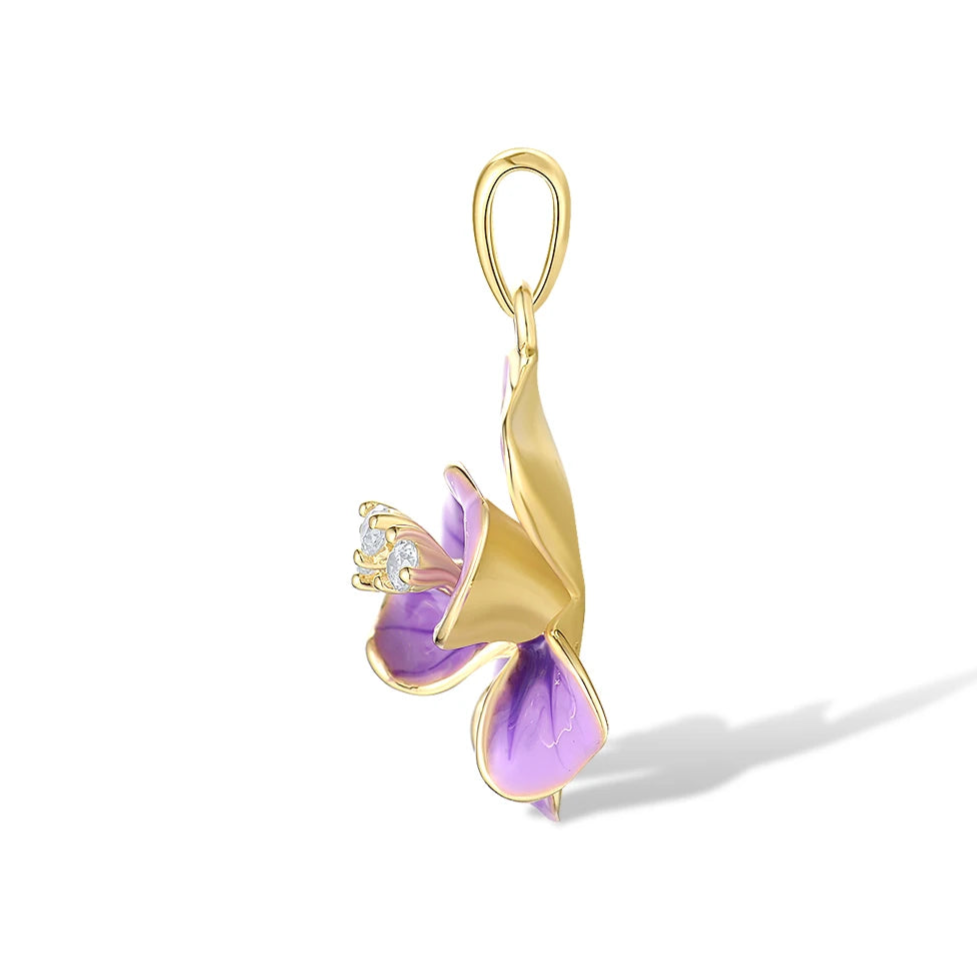 Gold floral pendant with layered violet enamel petals and three small white gemstone accents in the center