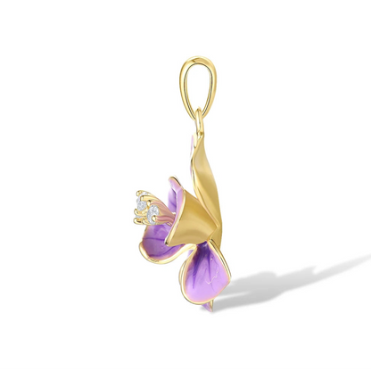 Gold floral pendant with layered violet enamel petals and three small white gemstone accents in the center