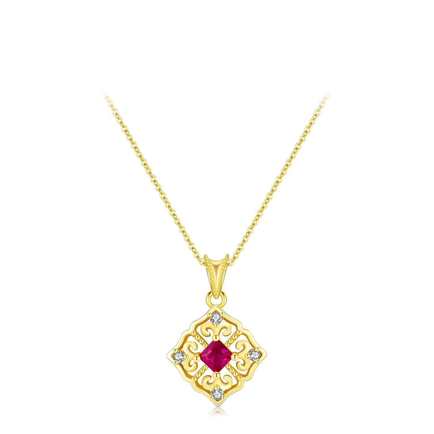 Gold-plated necklace with a ruby-red square stone and ornate vintage design

