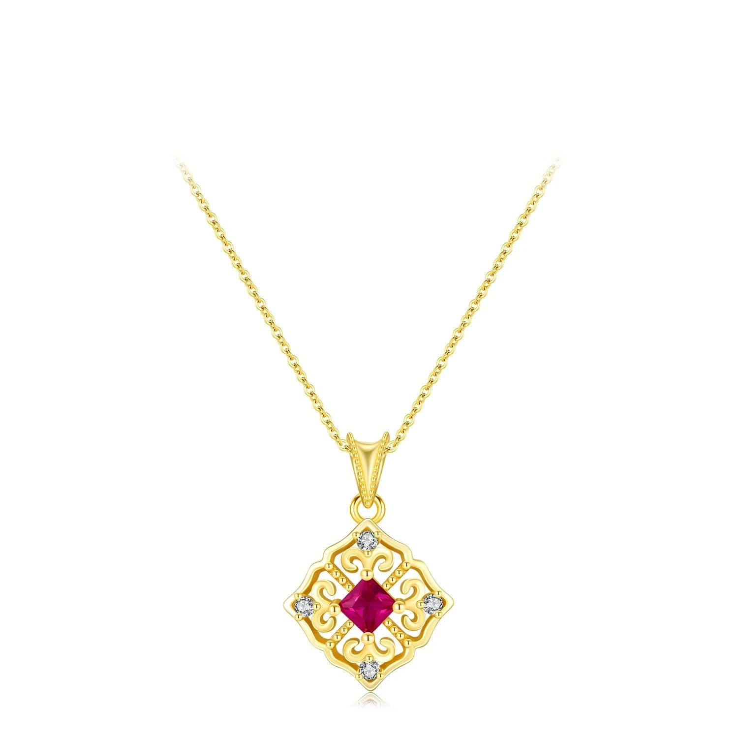 Gold-plated necklace with a ruby-red square stone and ornate vintage design

