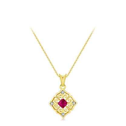 Gold-plated necklace with a ruby-red square stone and ornate vintage design

