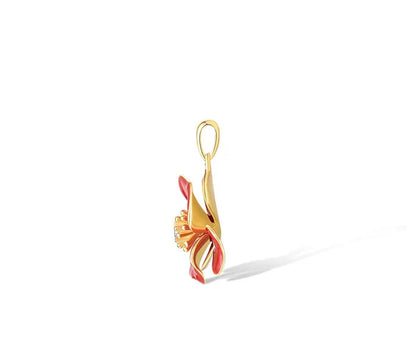 Jewelry set from the Rossa Collection featuring red enamel flower-shaped earrings, pendant, and ring with gold-tone detailing and central white stones.

