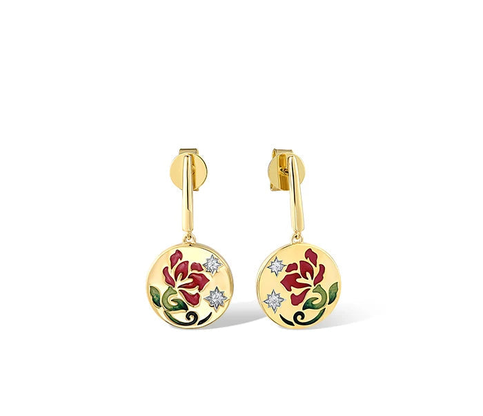 Gold jewelry set featuring red and green floral enamel design on round medallion earrings, pendant, and ring.

