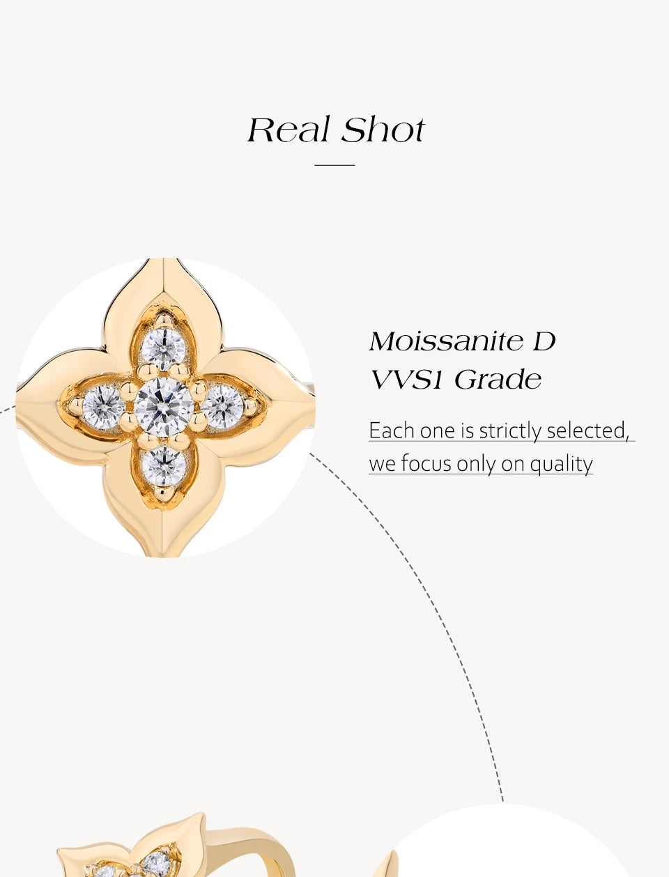 Gold flower-shaped jewelry with moissanite stones on a white background