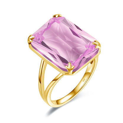 Three bold square-cut gemstone rings in red, crimson, and soft rose pink, set in gold-plated bands from the Rossa collection.

