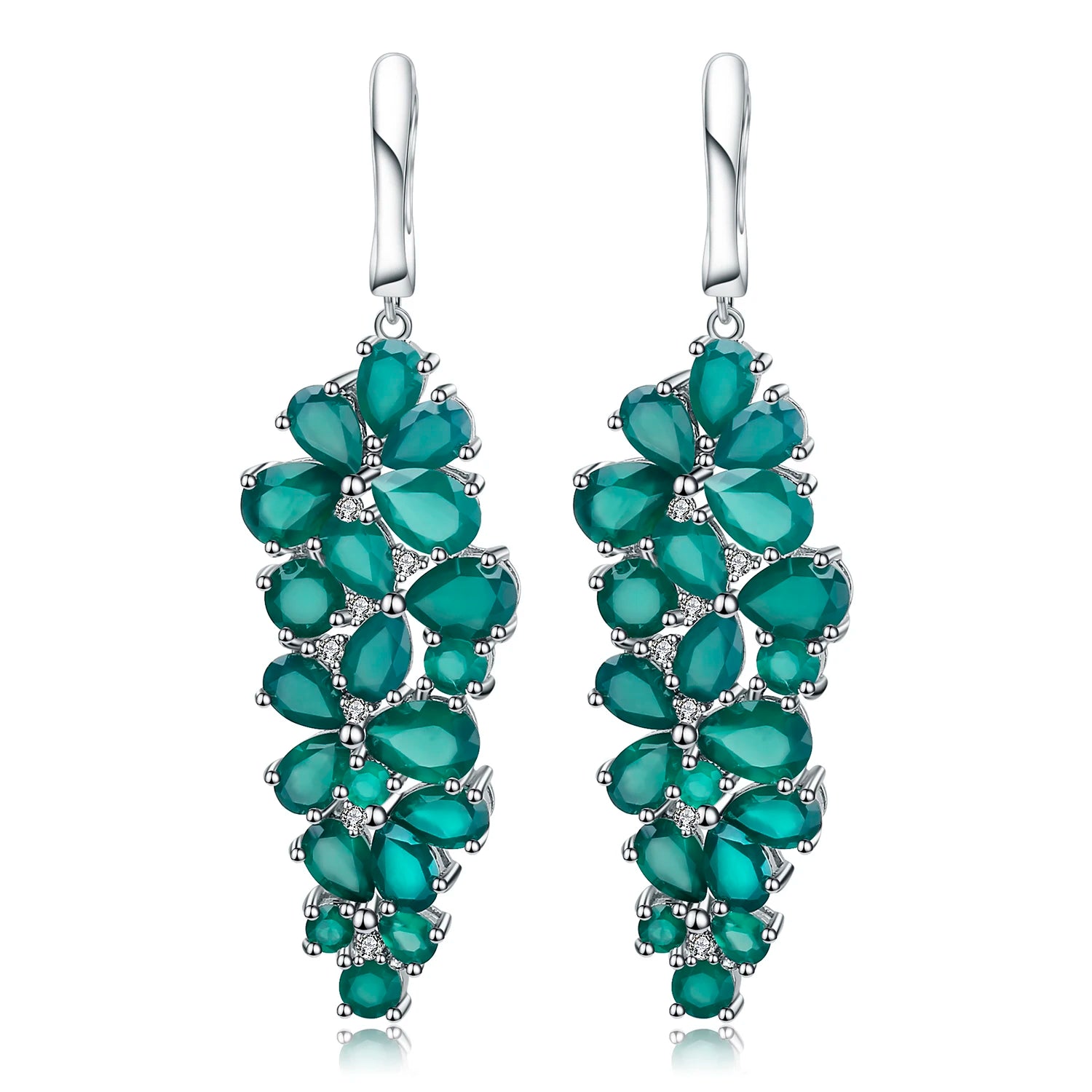 Dangling silver earrings with clustered green teardrop stones arranged in a cascading floral pattern

