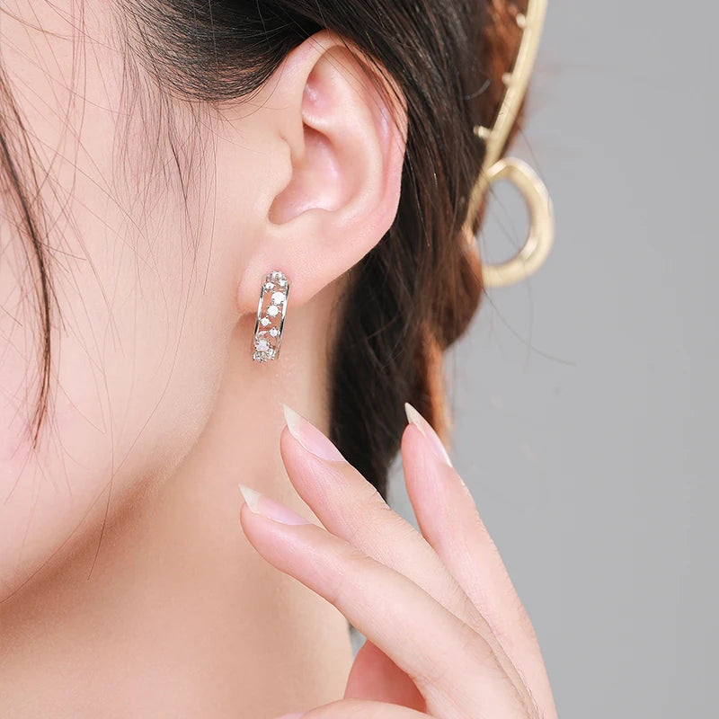 Silver hoop earrings with scattered opalescent and clear stones set in a textured band

