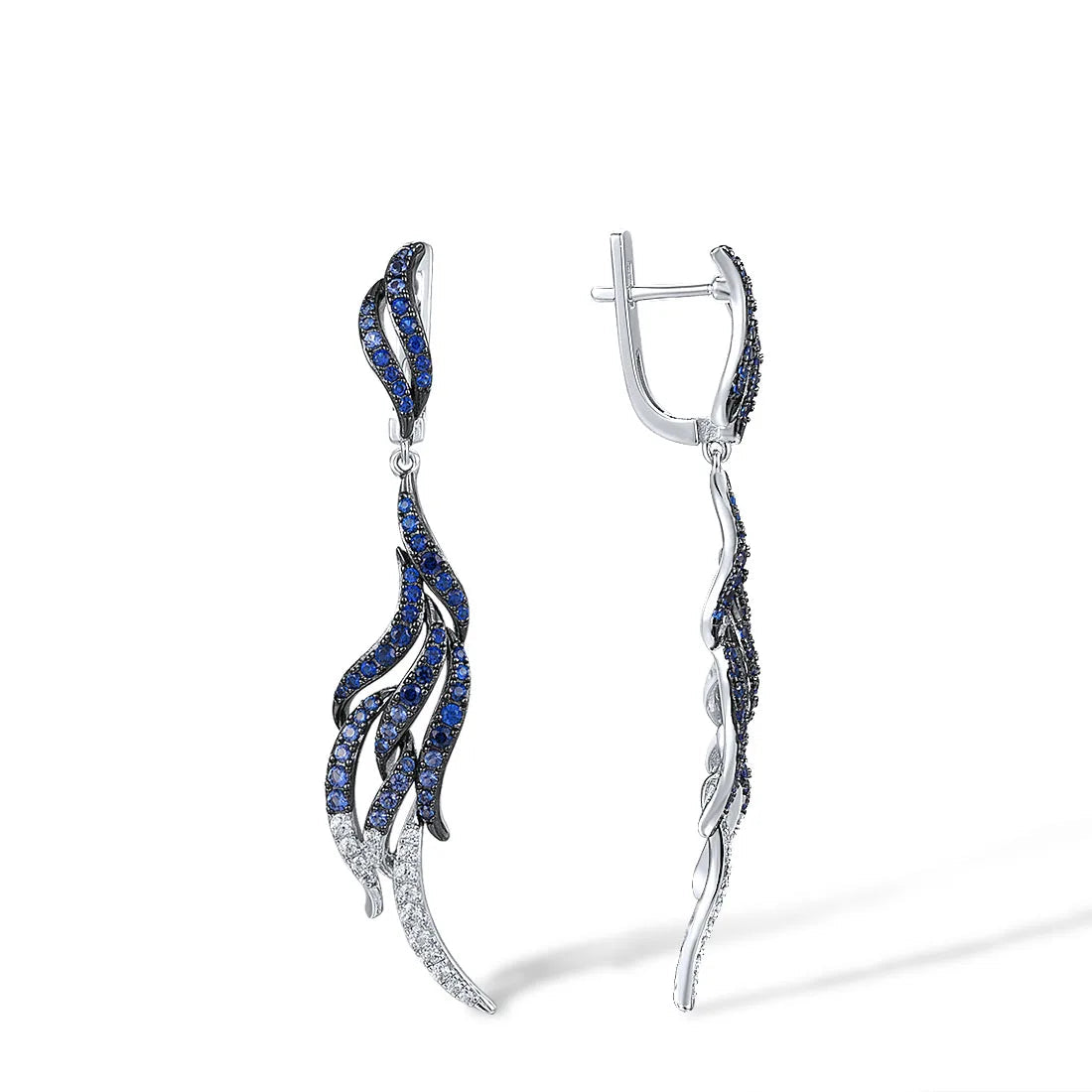 Sterling silver drop earrings with blue and white crystal feather design

