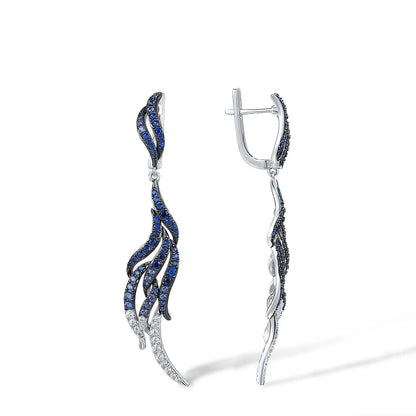 Sterling silver drop earrings with blue and white crystal feather design

