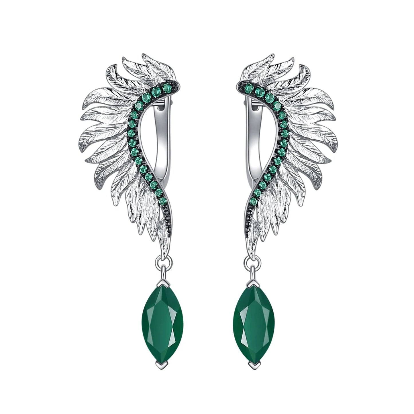 Silver earrings with feather-like design, green gemstones, and marquise green dangles

