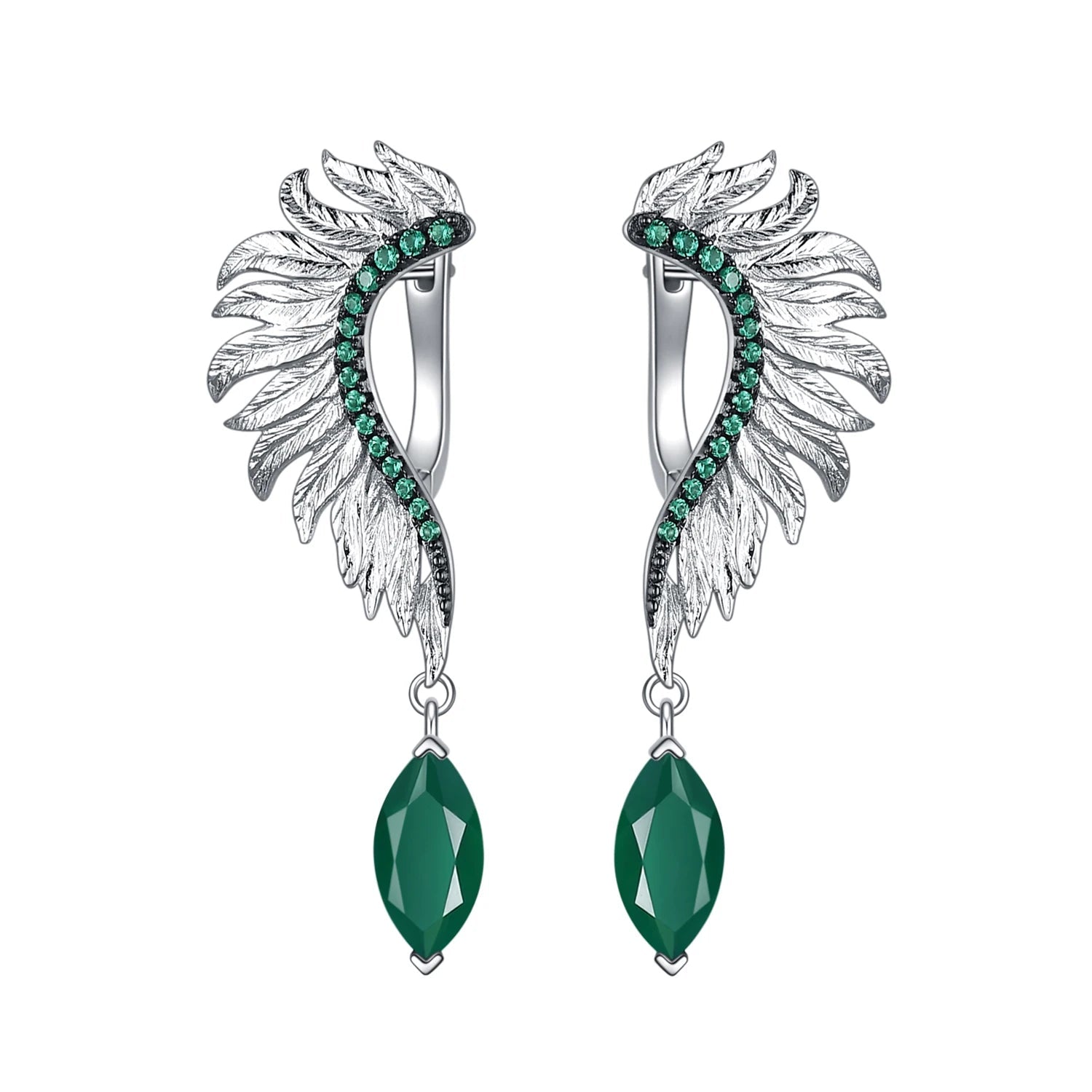 Silver earrings with feather-like design, green gemstones, and marquise green dangles

