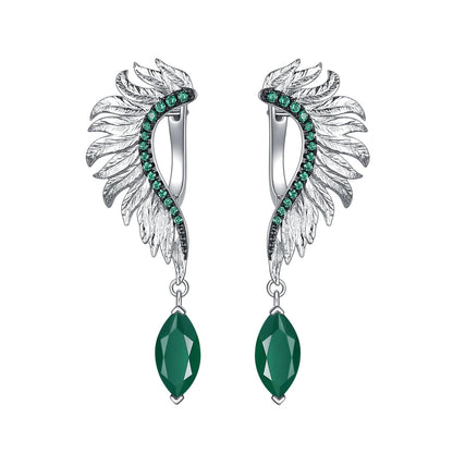 Silver earrings with feather-like design, green gemstones, and marquise green dangles

