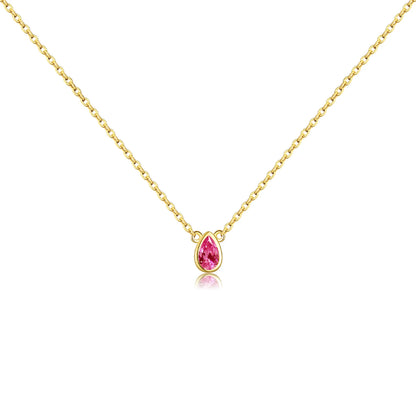 Gold necklace with a pear-shaped pink gemstone pendant at the center.

