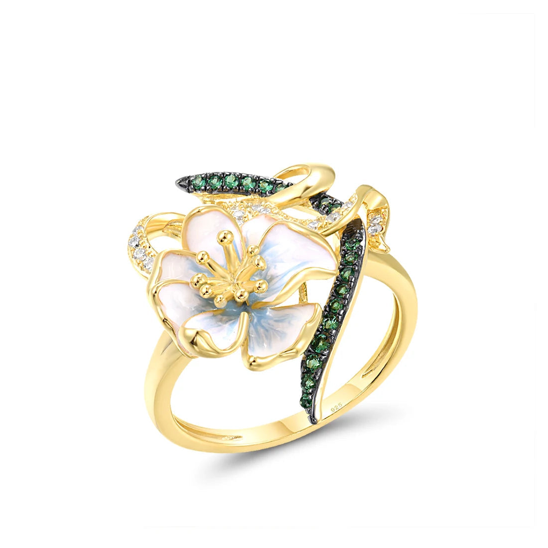 Nastro Verde jewelry set with green-accented gold-tone earrings and ring featuring delicate white flowers from the Verde collection.

