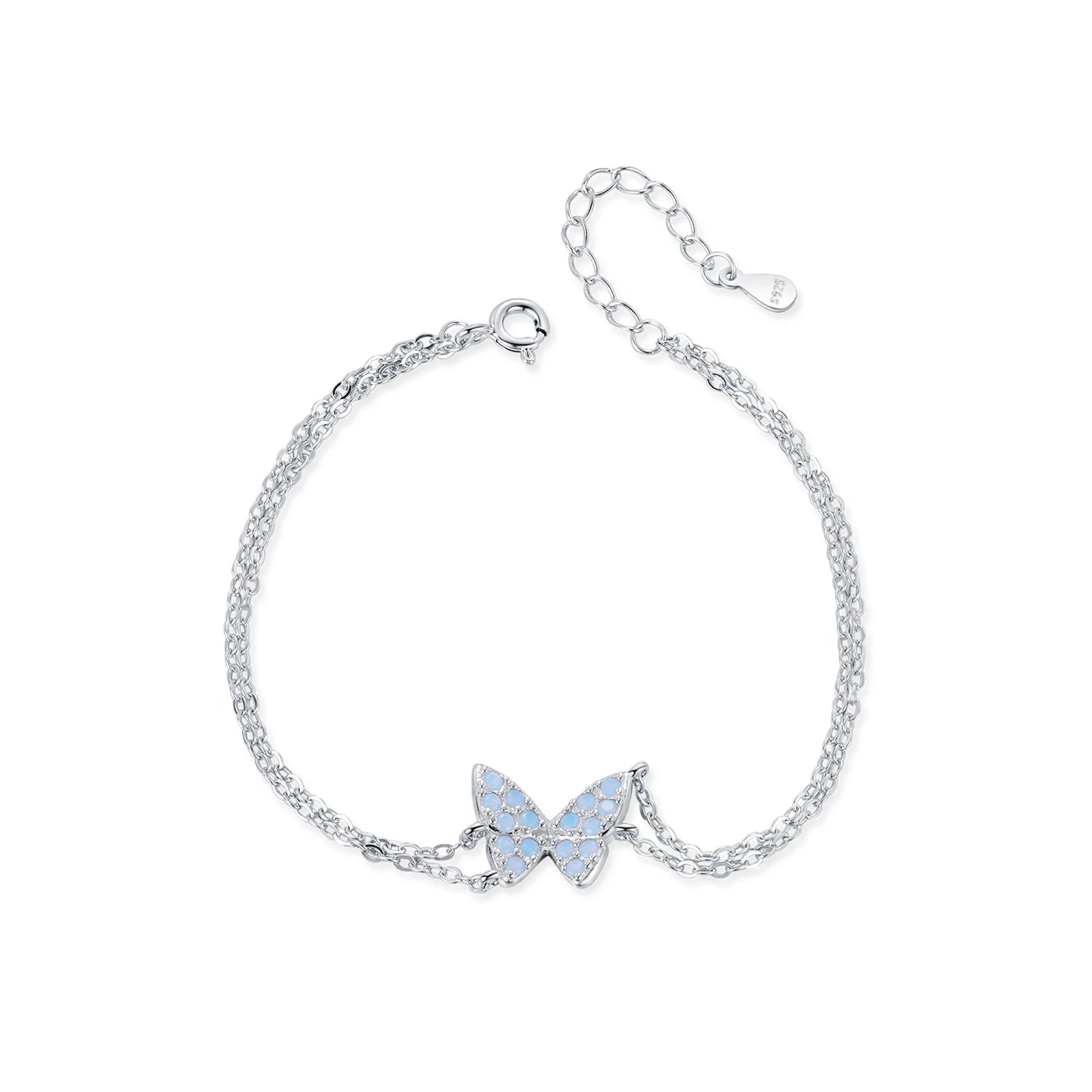 Delicate silver bracelet with a central opal butterfly charm and fine double chain

