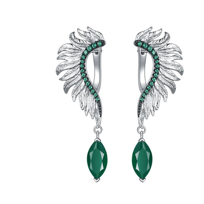 Silver earrings with feather-like design, green gemstones, and marquise green dangles

