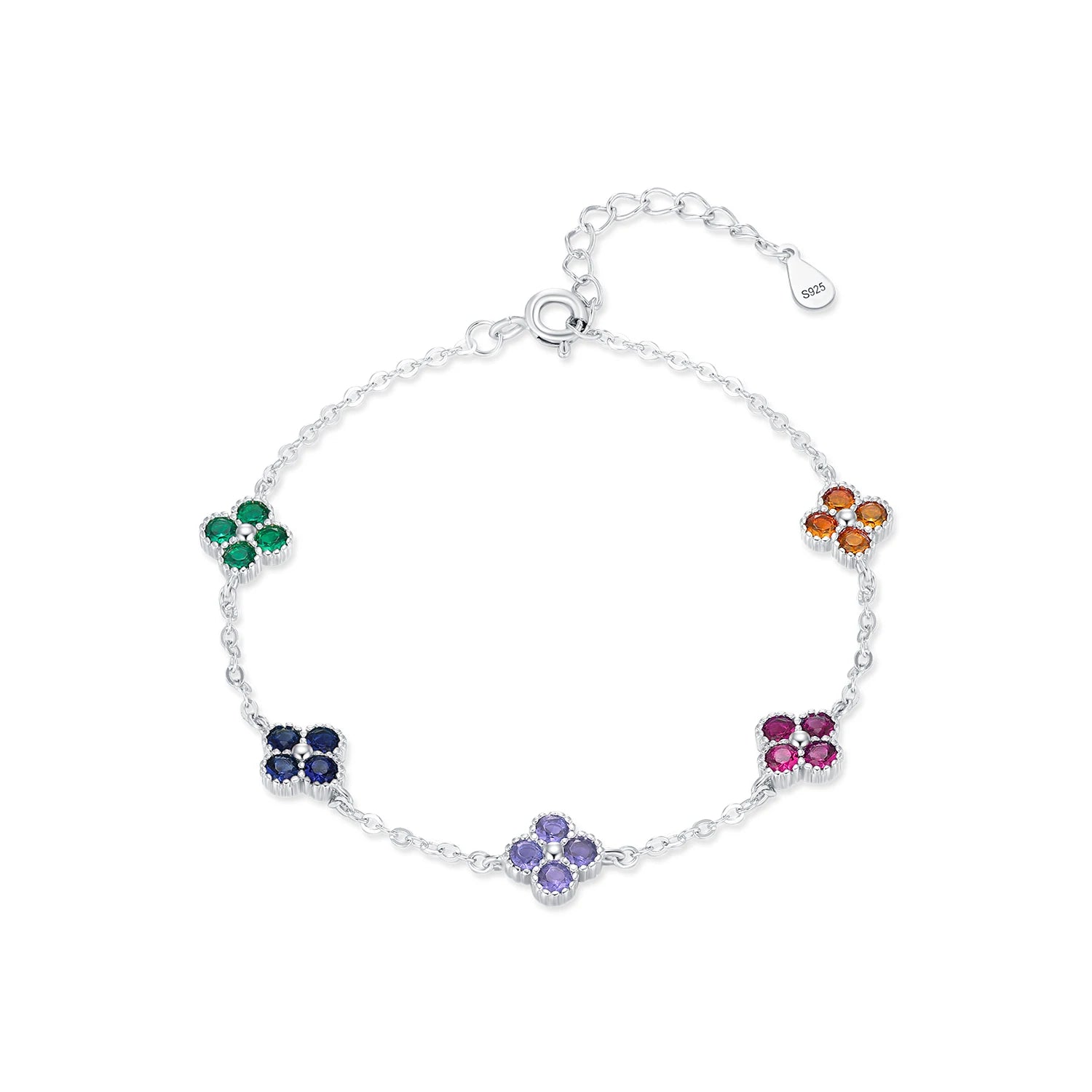 Silver bracelet with multicoloured gemstone clusters in floral shapes.

