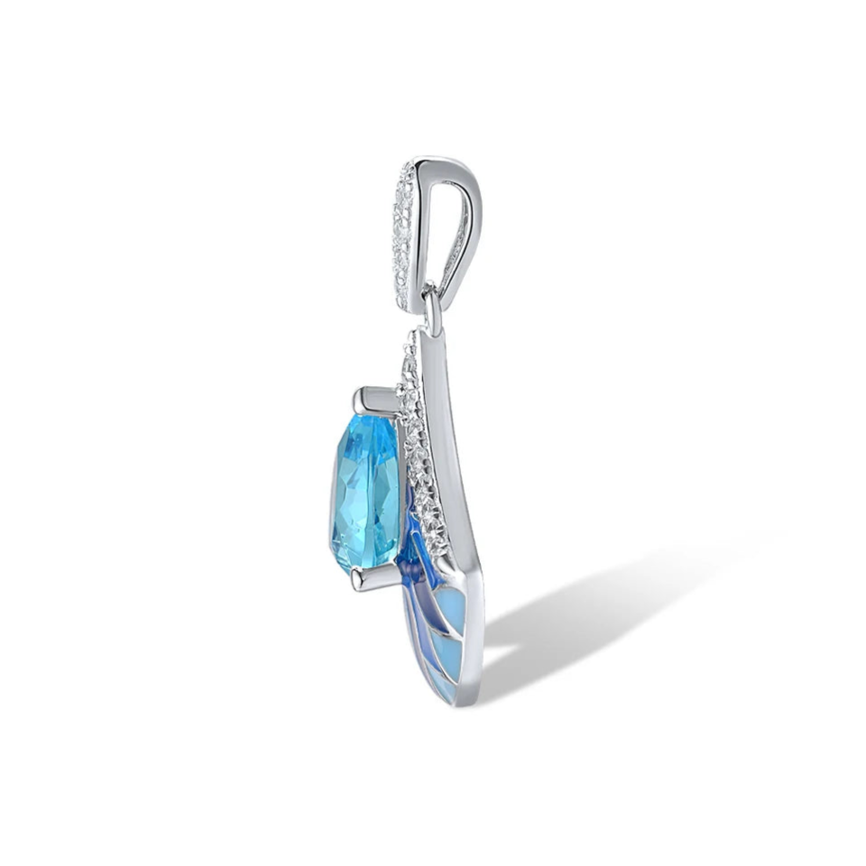Sterling silver pendant with a teardrop-shaped aqua blue gemstone above a fan-shaped design of layered navy and cobalt enamel petals, framed by pavé stones
