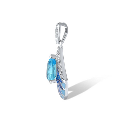 Sterling silver pendant with a teardrop-shaped aqua blue gemstone above a fan-shaped design of layered navy and cobalt enamel petals, framed by pavé stones