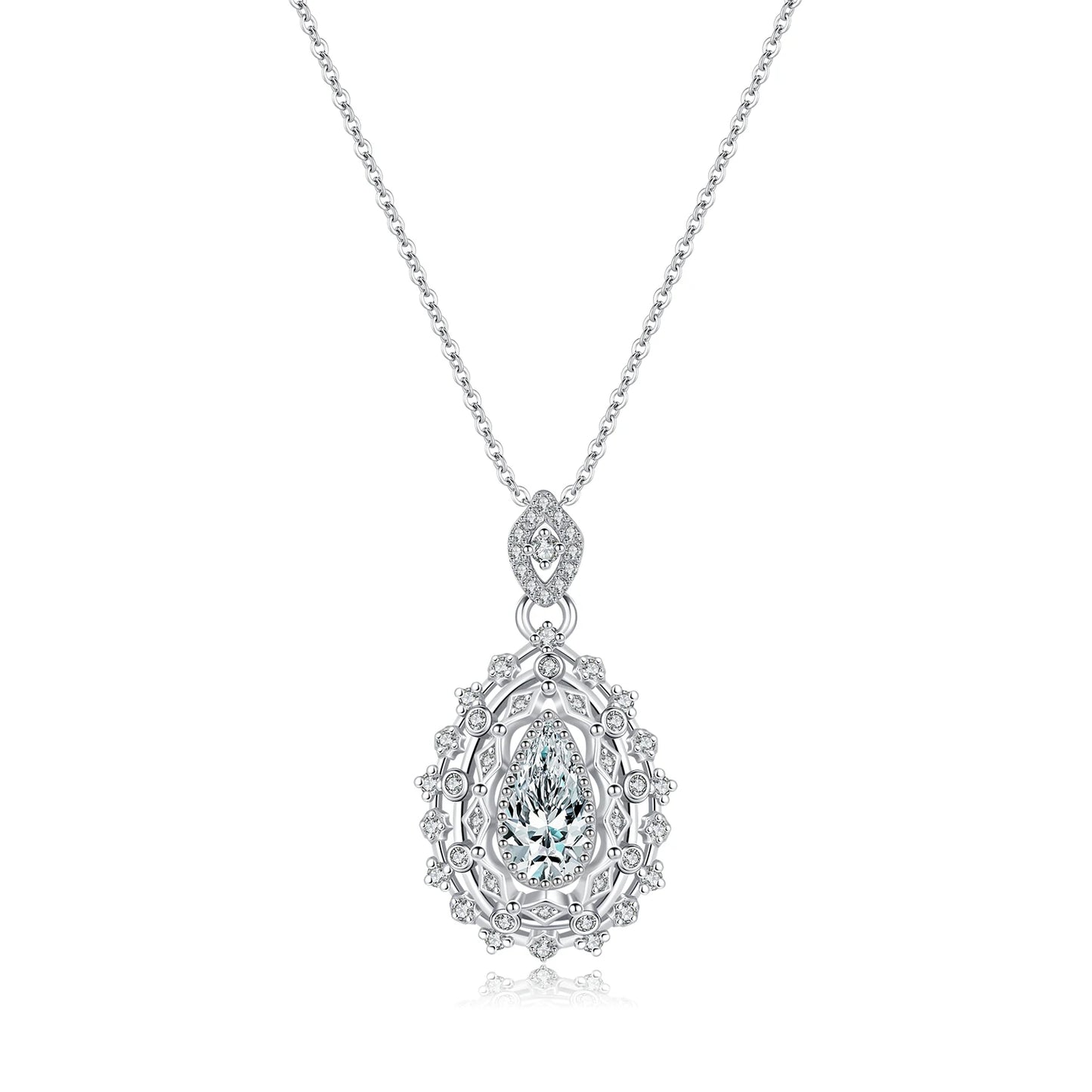 Ornate silver necklace with an intricate teardrop pendant, featuring a central pear-cut white gemstone, part of the Bianco Nero collection.

