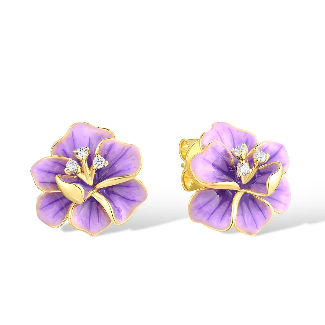 Gold floral stud earrings with violet enamel petals and crystal accents

