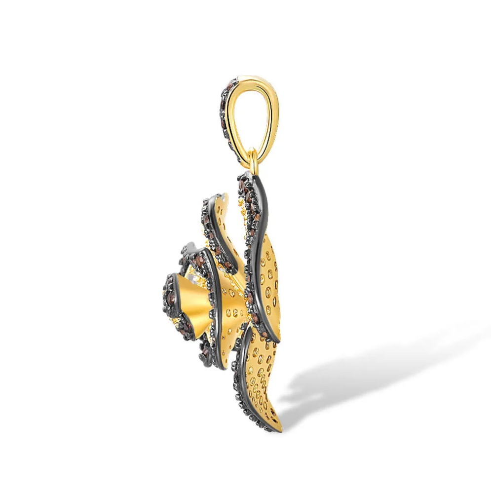 Pendant shaped like a rose with pavé detailing in brown, yellow, and white stones

