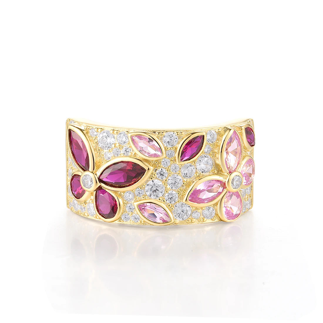 Gold ring set with marquise-cut pink and red stones forming floral patterns, Rosea from the Rossa Collection.

