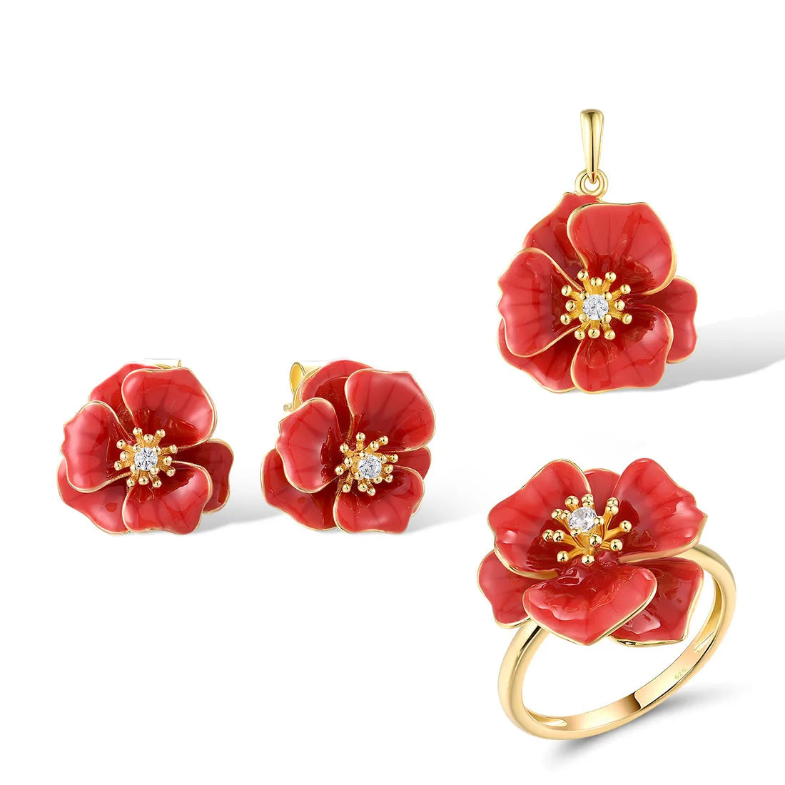 Jewelry set from the Rossa Collection featuring red enamel flower-shaped earrings, pendant, and ring with gold-tone detailing and central white stones.

