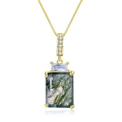 Gold necklace with rectangular moss agate pendant and small lavender gemstone accent

