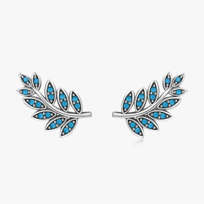 Silver feather-shaped stud earrings with vibrant turquoise enamel inlay

