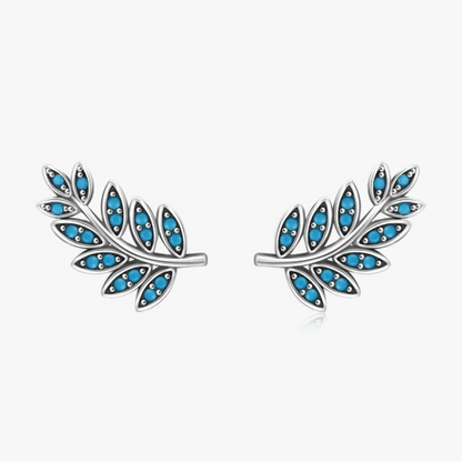 Silver feather-shaped stud earrings with vibrant turquoise enamel inlay

