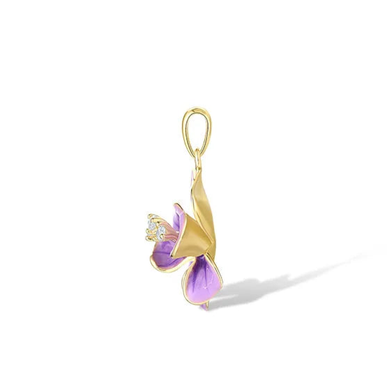 Gold floral jewelry set with violet enamel flowers and crystal accents, including earrings, pendant, and ring, on a light blue background

