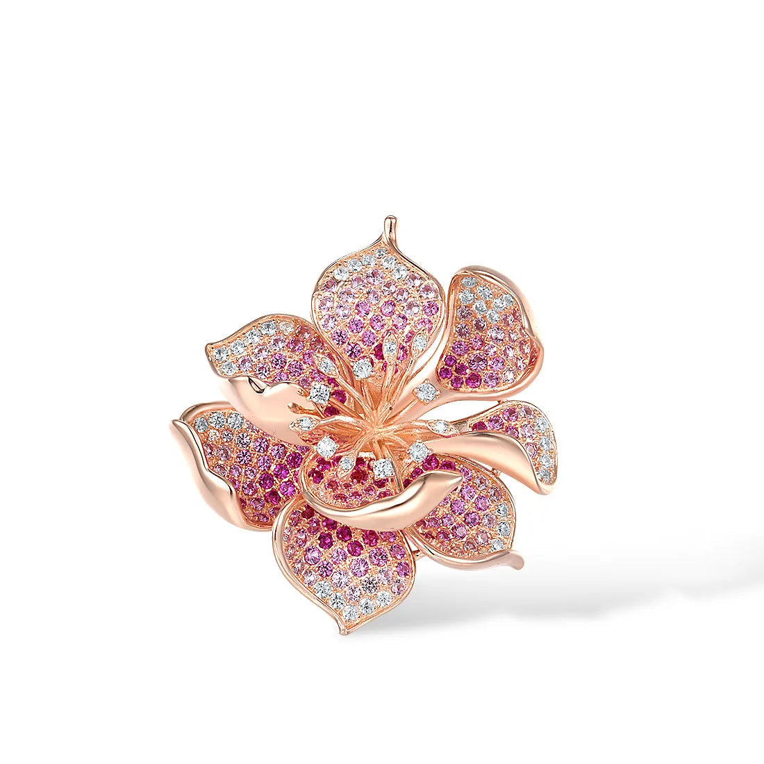Fragola jewelry set featuring pink and violet pavé stones in rose gold flower designs including ring, earrings, and pendant.

