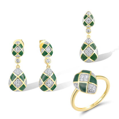 Gold and green checkered jewelry set with teardrop shapes and pavé white stones

