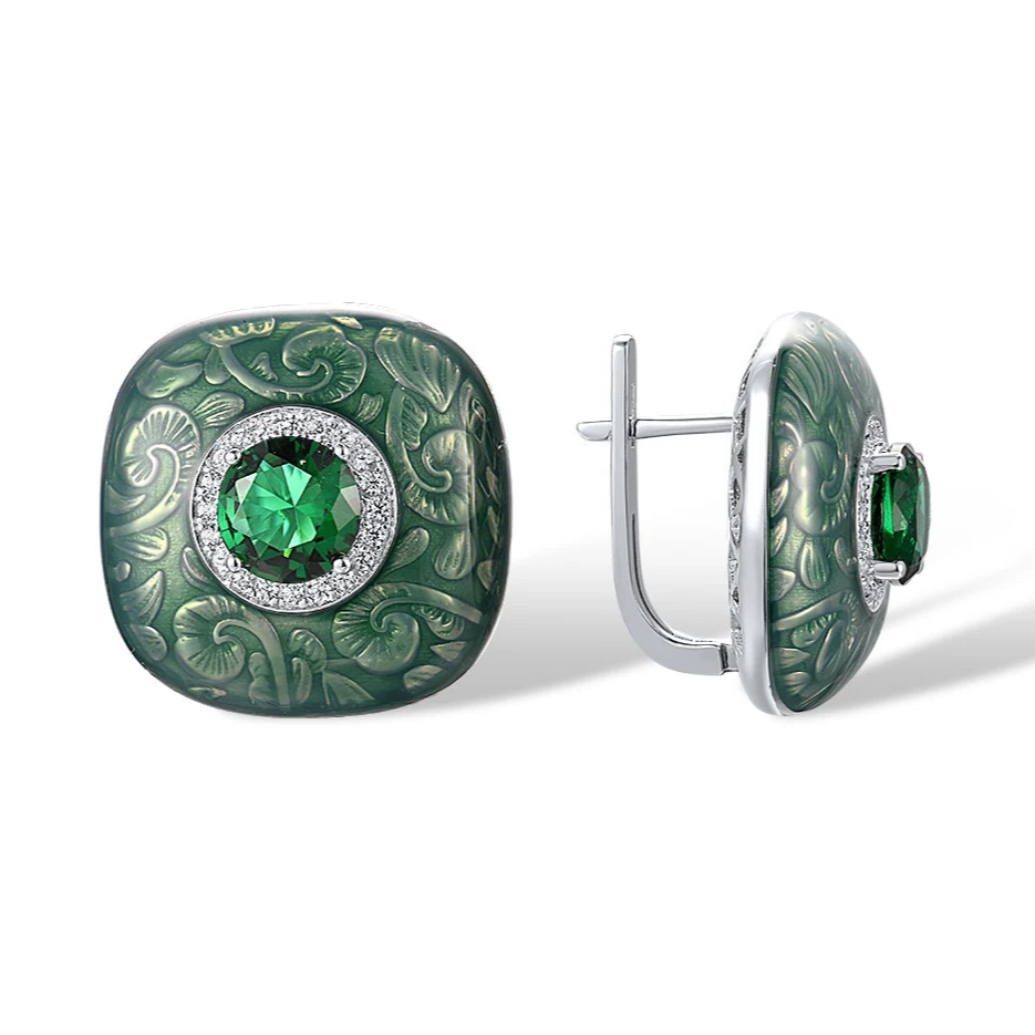 Square green enamel earrings with filigree floral pattern and central green round stones

