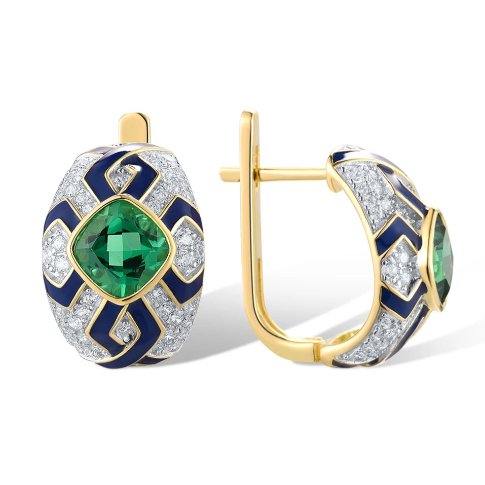 Gold and silver oval earrings with green cushion-cut stones, navy enamel, and geometric patterns

