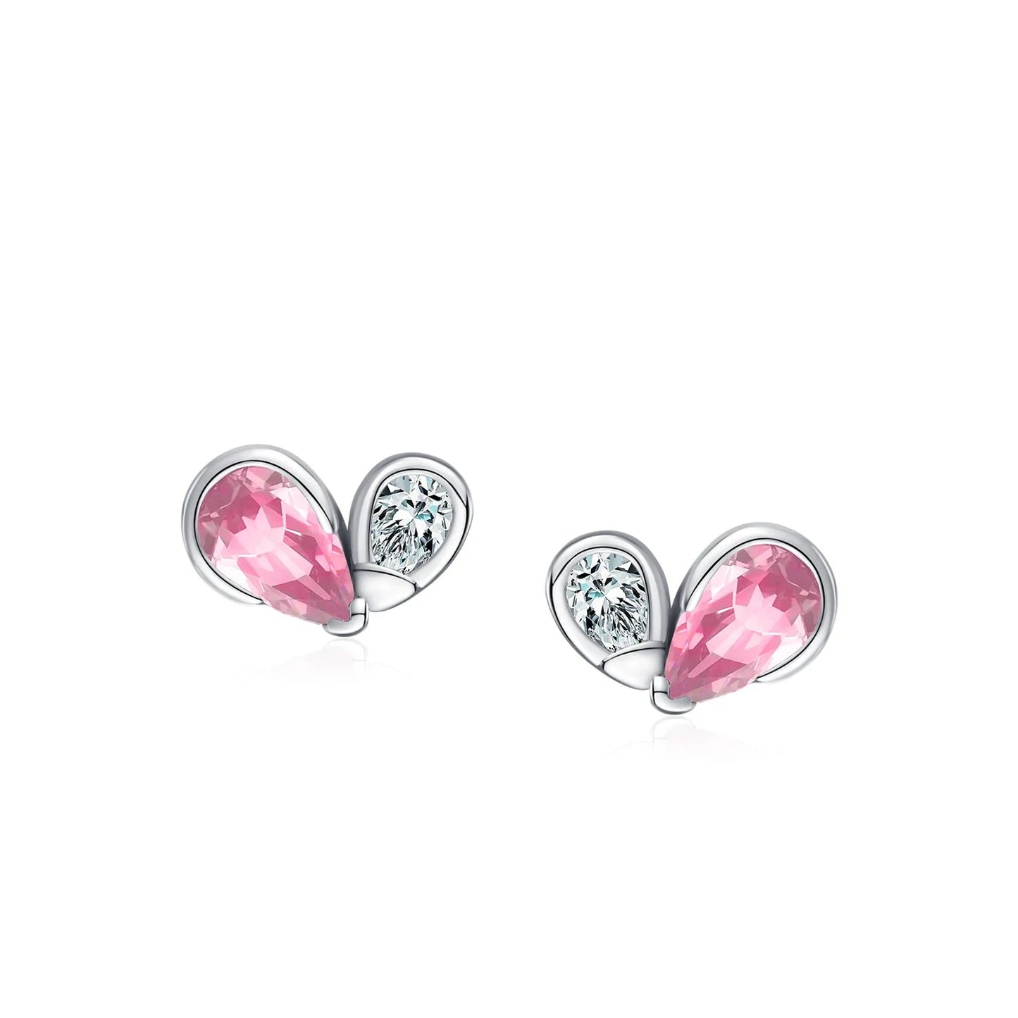 Delicate silver ring with a pink teardrop gemstone paired with a smaller clear round stone in a dual-stone open setting.

