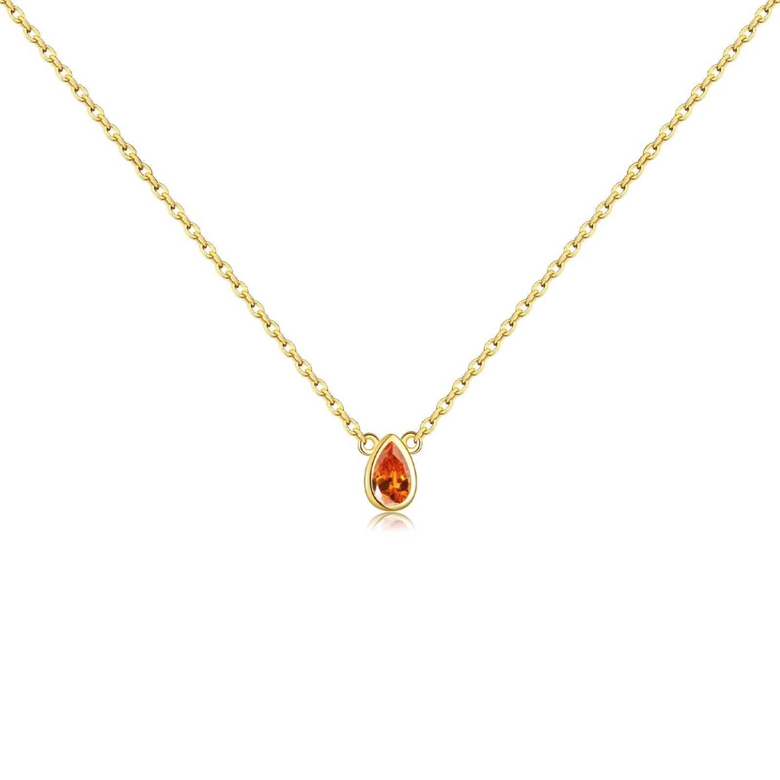 Gold necklace with a pear-shaped pink gemstone pendant at the center.

