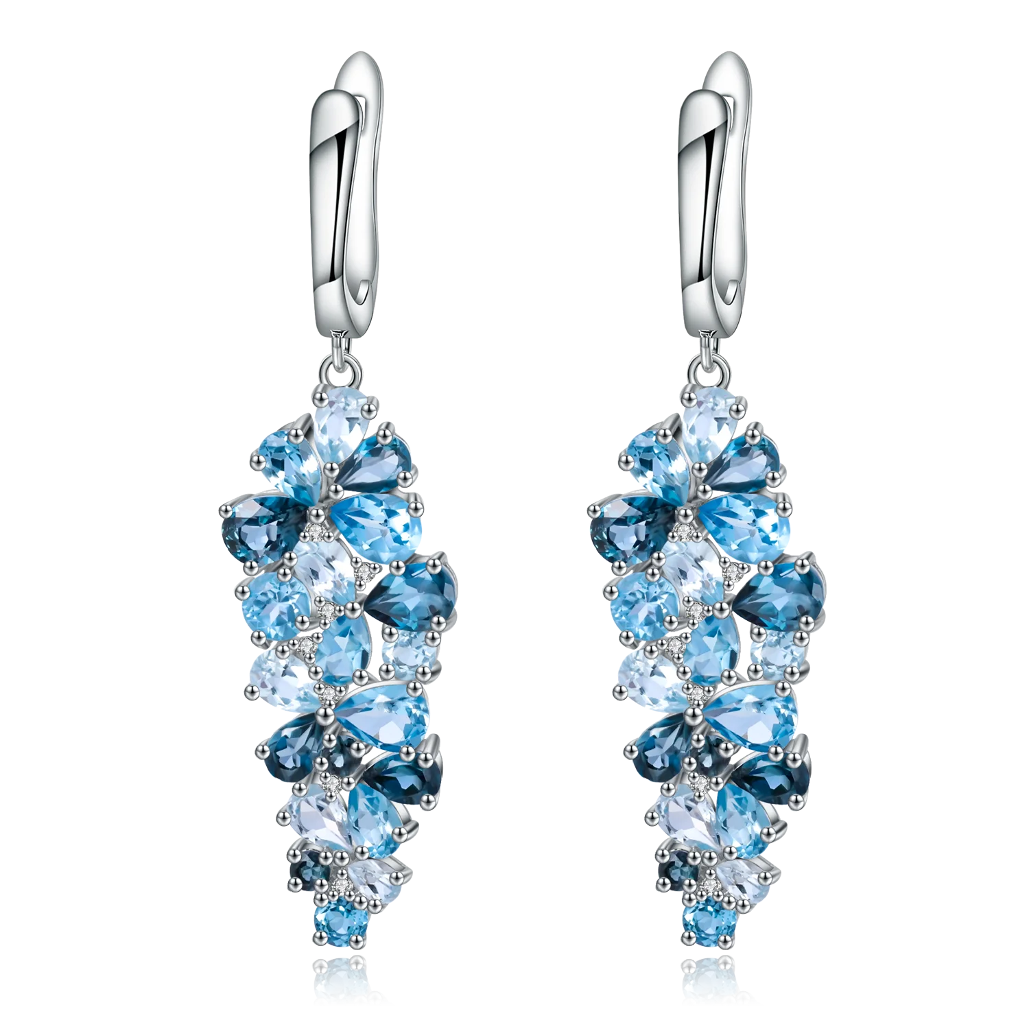 Silver drop earrings with clusters of marquise and pear-cut blue gemstones in varying shades


