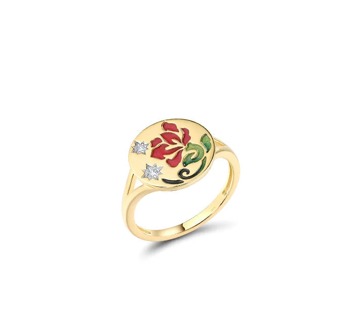 Gold jewelry set featuring red and green floral enamel design on round medallion earrings, pendant, and ring.

