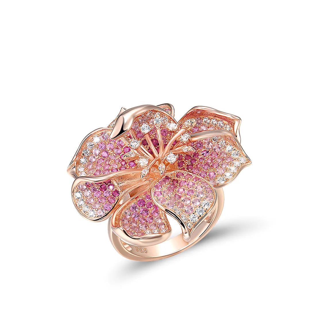 Fragola jewelry set featuring pink and violet pavé stones in rose gold flower designs including ring, earrings, and pendant.

